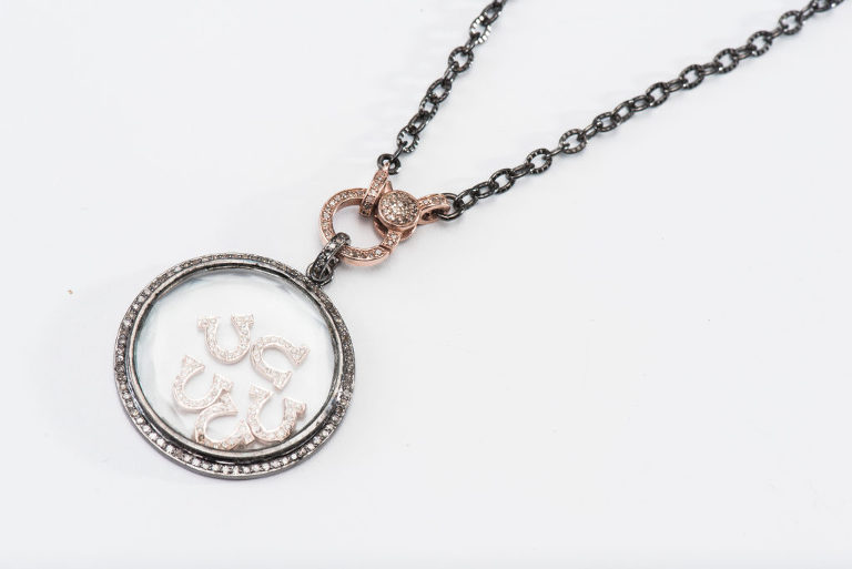 Equestrian Horse Shoe Shaker Necklace Rose Gold Pave Diamond